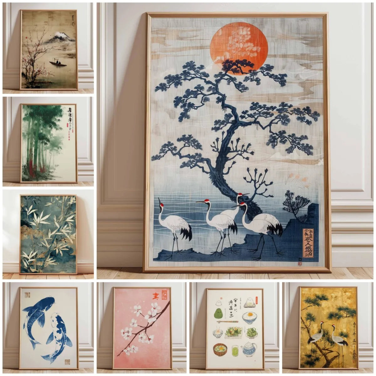 Japanese Crane Canvas Print with Red Sun and Pine Tree