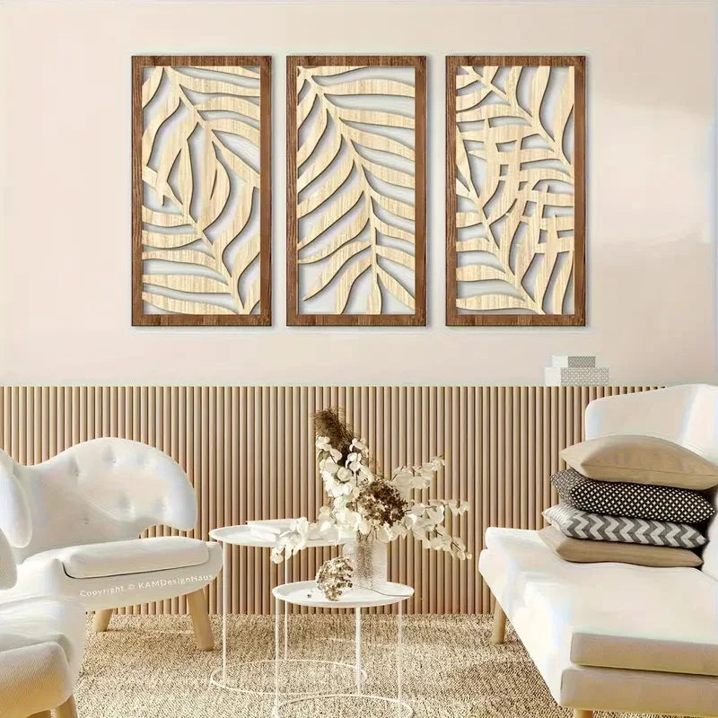 Wooden Tropical Palm Leaf Wall Art Set of 3