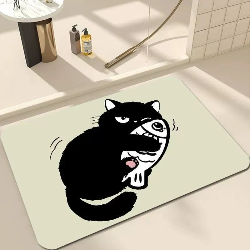 Black Cartoon Cat Door Mat for Living Room and Bedroom