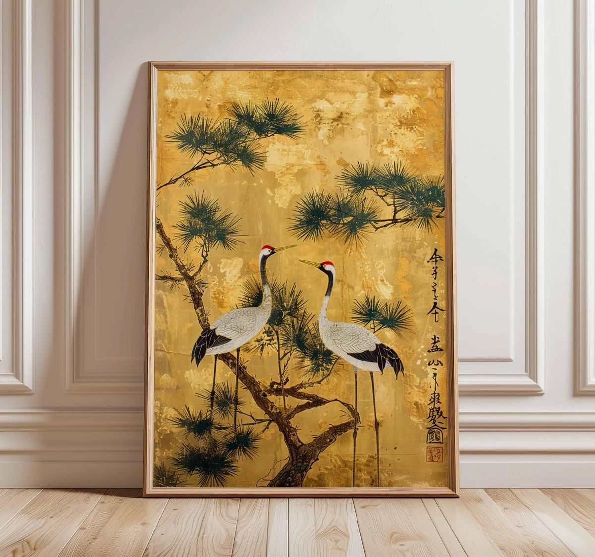 Japanese Crane Canvas Print with Red Sun and Pine Tree