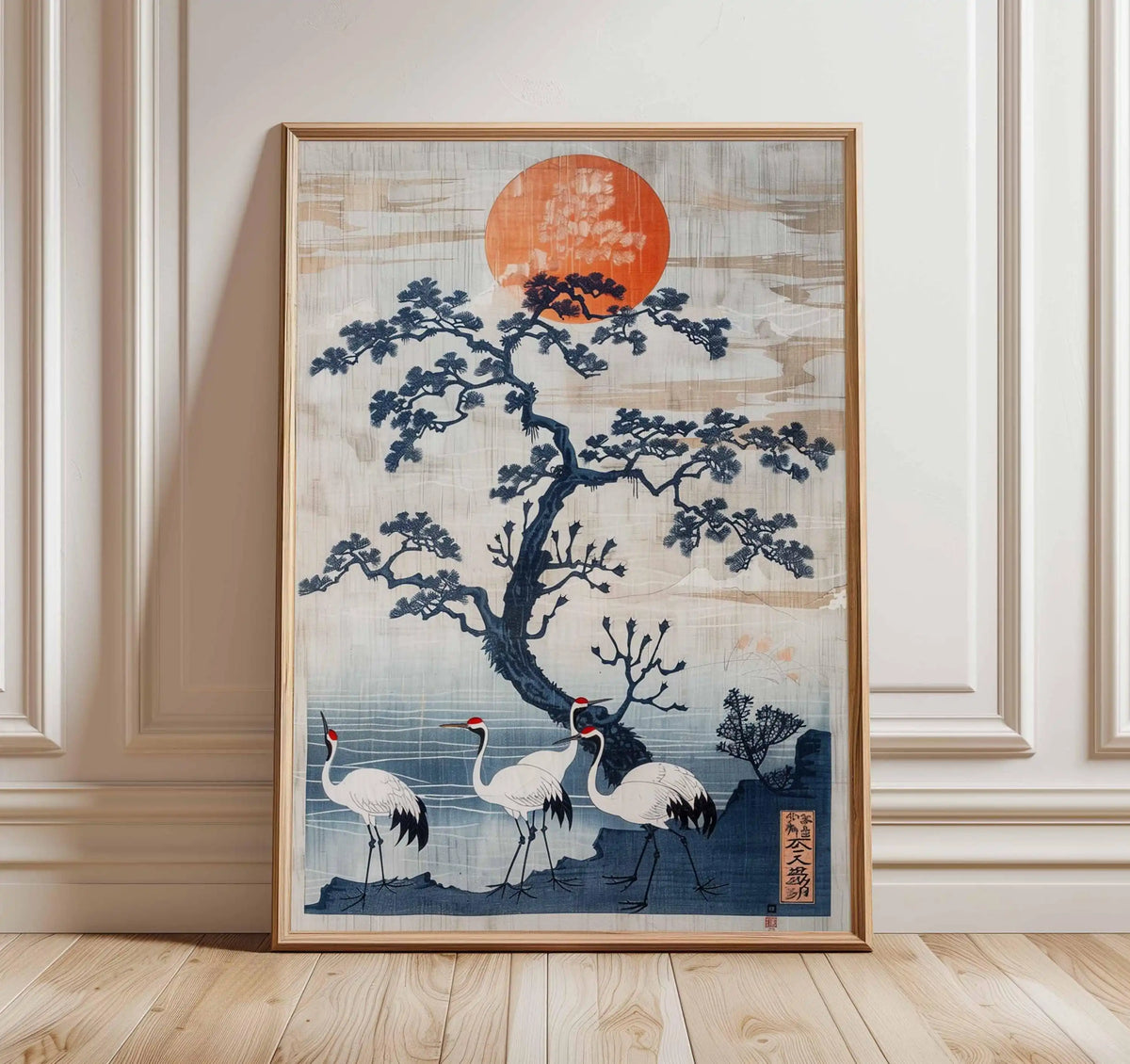 Japanese Crane Canvas Print with Red Sun and Pine Tree