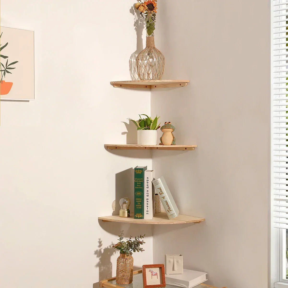 Burlywood Wood Floating Corner Shelf for Living Room