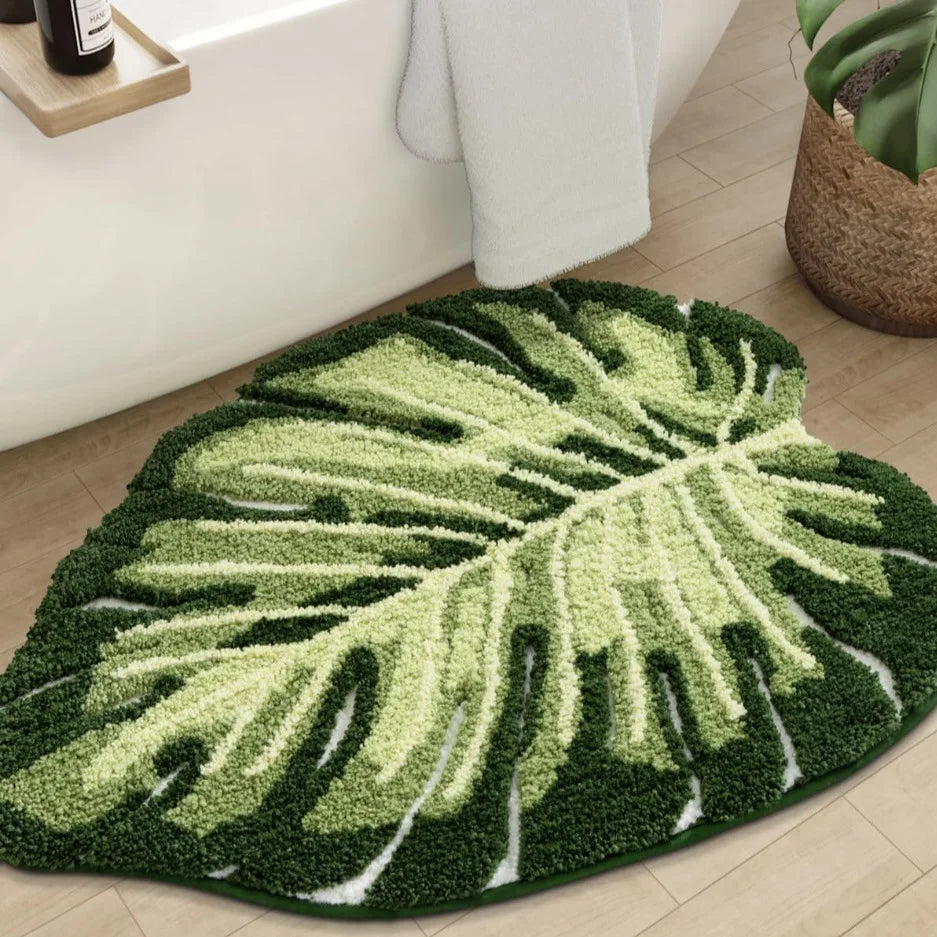 VIKAMA Non-Slip Green Leaf Bathroom Mat Machine Washable