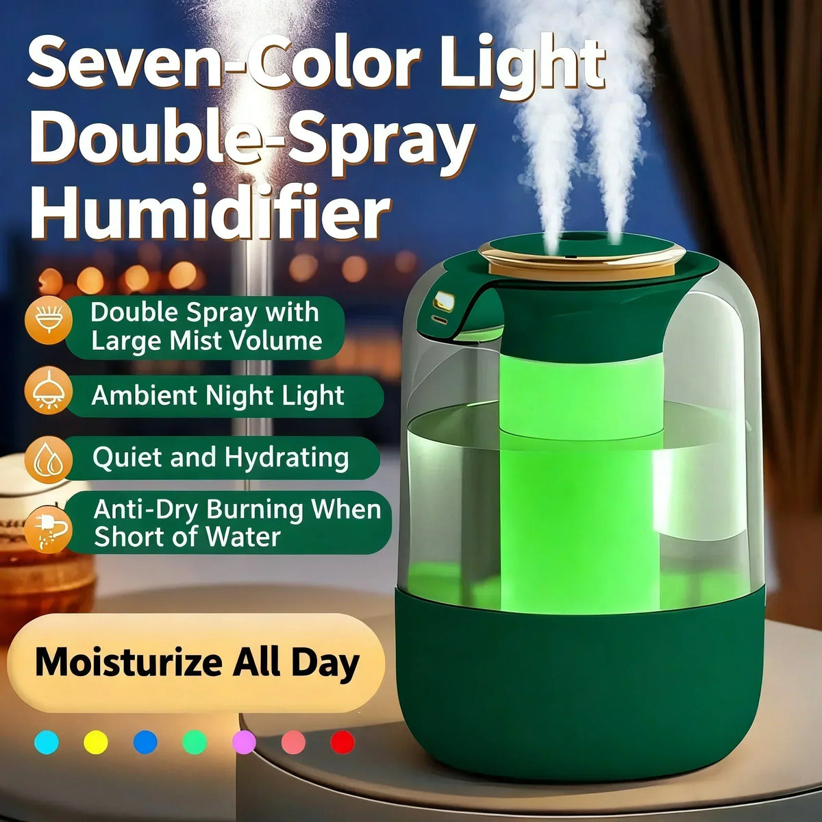 Seavidar Double Spray Humidifier with Ambient Light