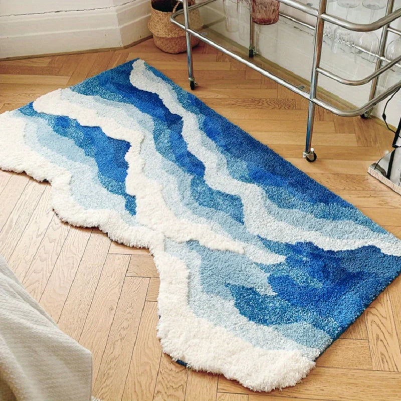 Blue Sea Wave Flocking Area Rug for Bedroom and Corridor