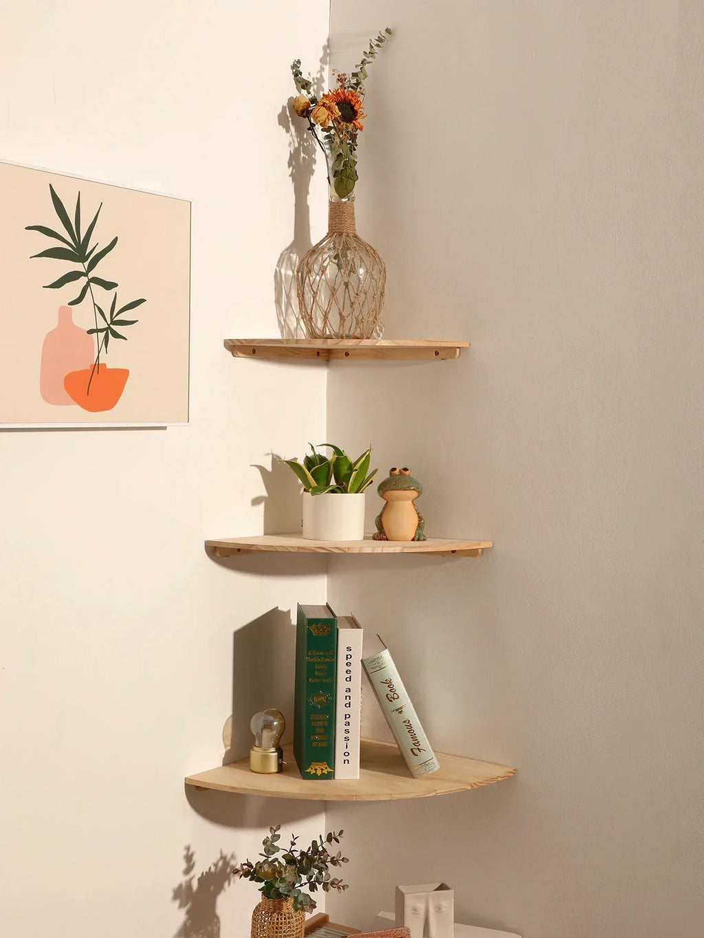 Burlywood Wood Floating Corner Shelf for Living Room