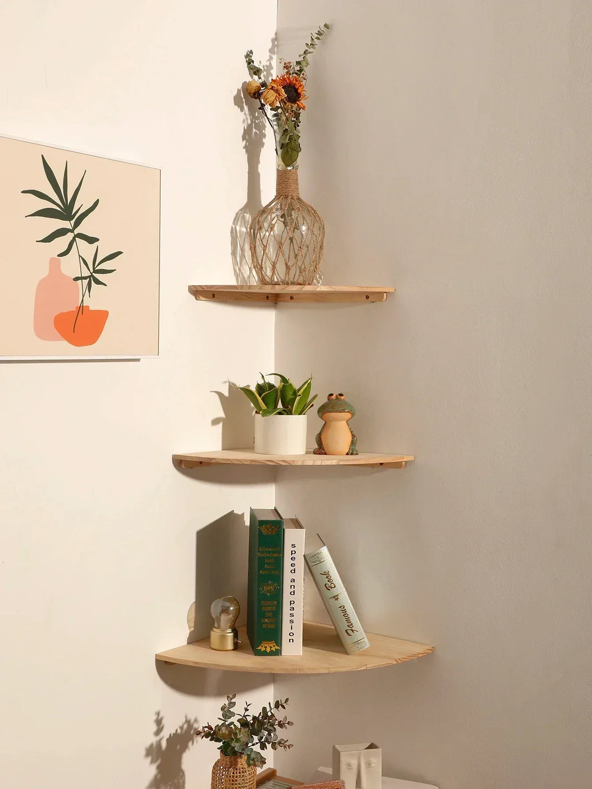 Burlywood Wood Floating Corner Shelf for Living Room